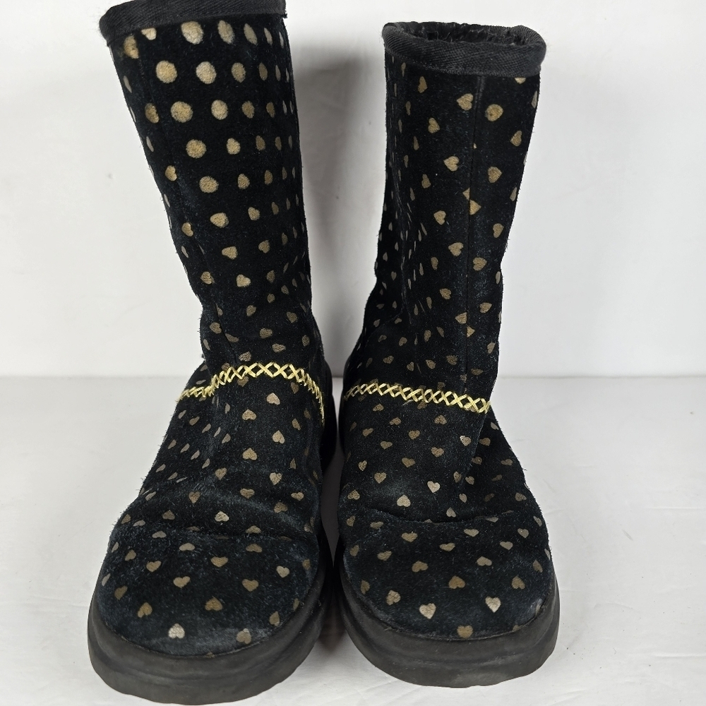 UGG I Heart Girls Black Suede Boots With Gold Hearts/Gold Rope Detail Size 3